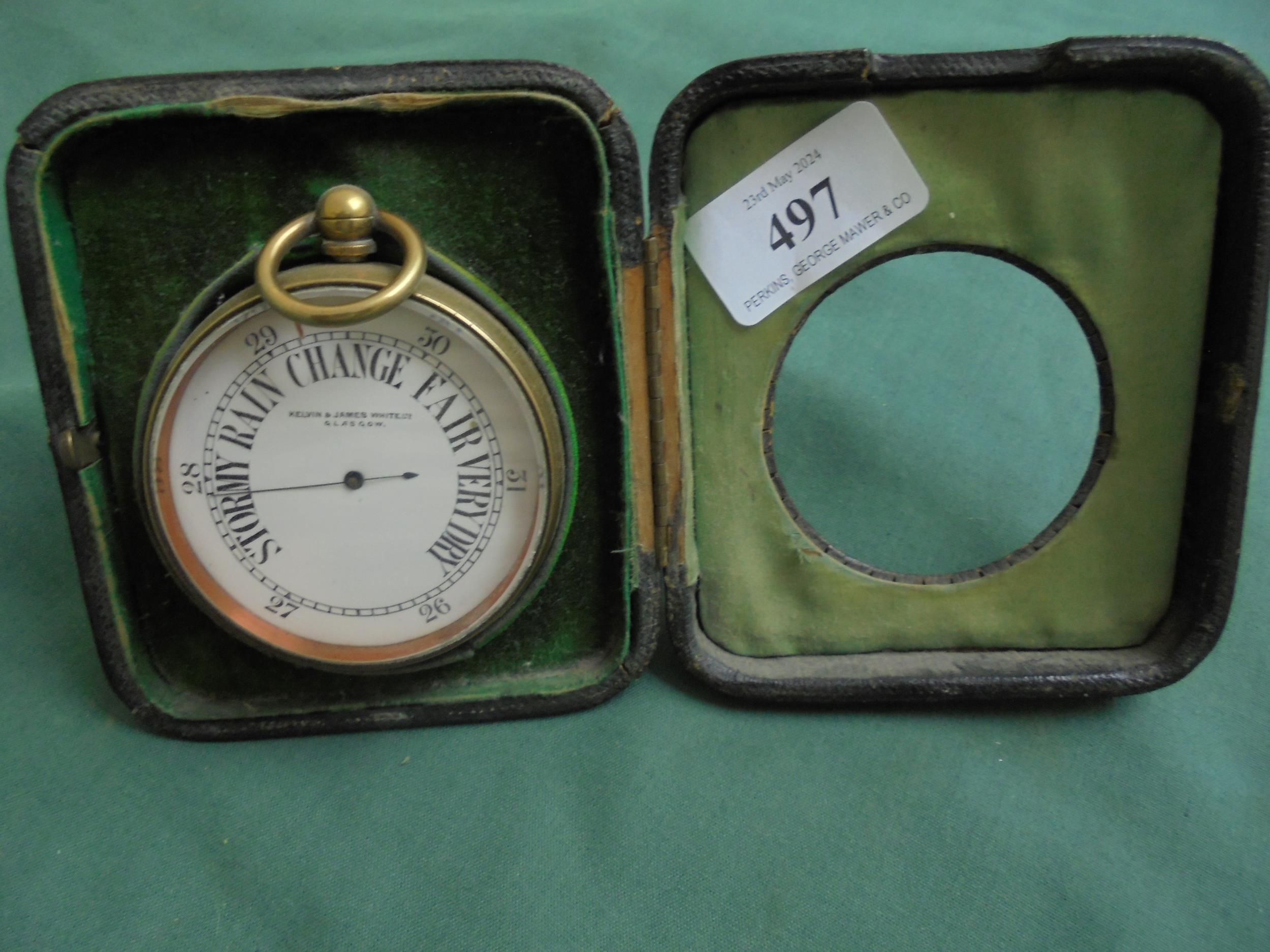 Brass and copper barometer in original leather case,