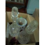 Pair of glass decanters with stoppers and old frog mug