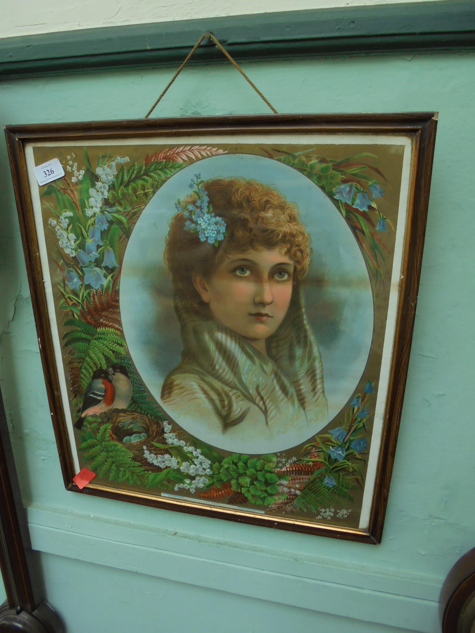 Unusual old print of young lady with botanical scenery