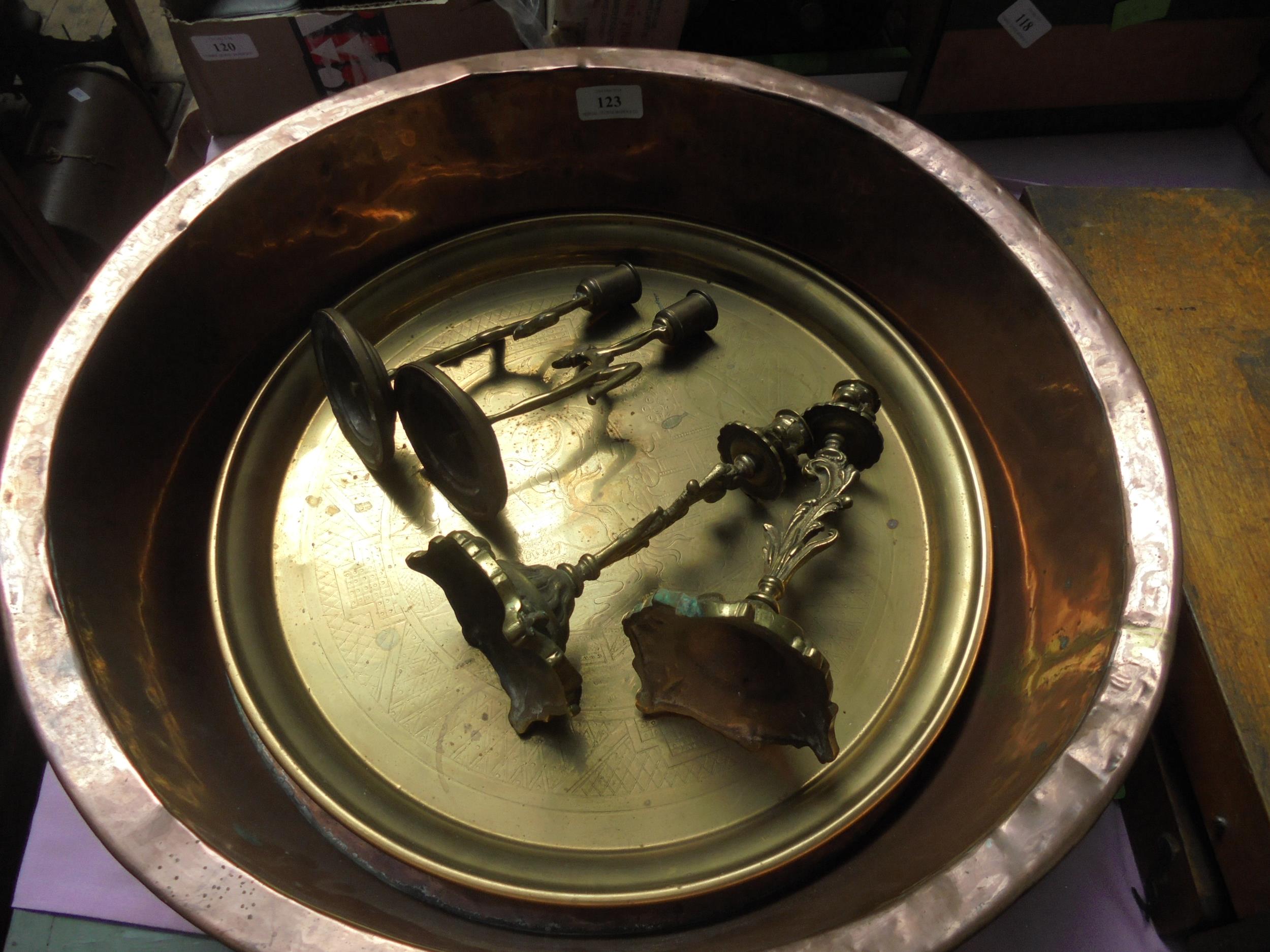 Large copper circular bowl together with copper tray and 2 pairs of brass candlesticks