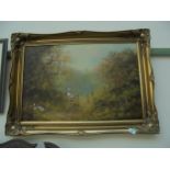 Attractive large framed painting in heavy frame of girl in meadow with Geese by Les Parsons
