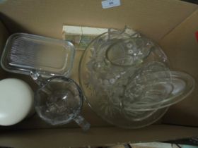 Box containing variety of glassware including old jelly mould together with lidded pot and boxed