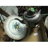 Victorian plated kettle on burner stand together with interesting plate commemorating the first