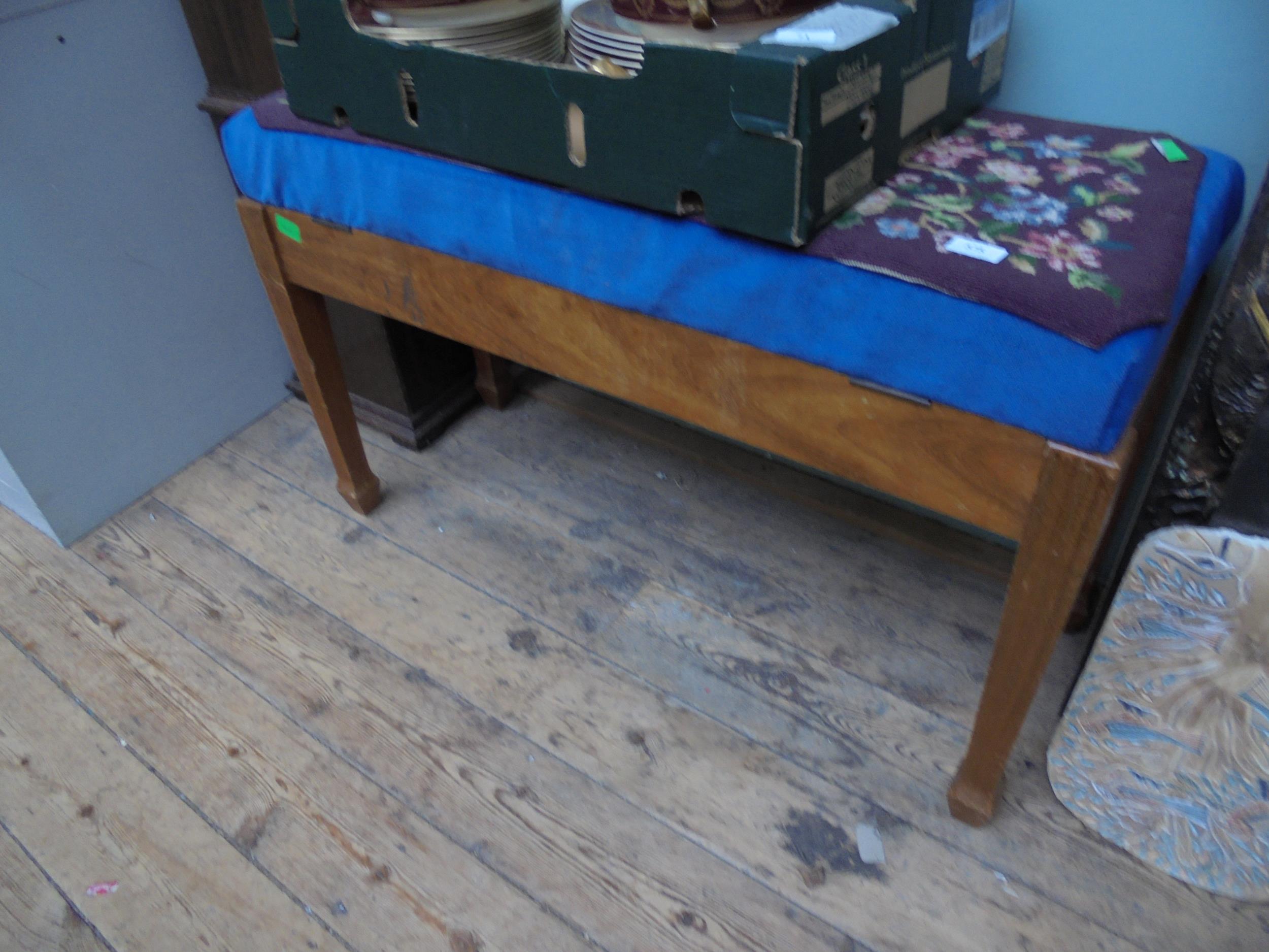 Dual oak piano stool with fabric and woolwork top