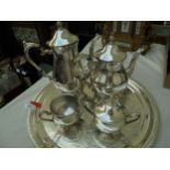 Silver plated tea set with tea pot, hot water jug, milk,