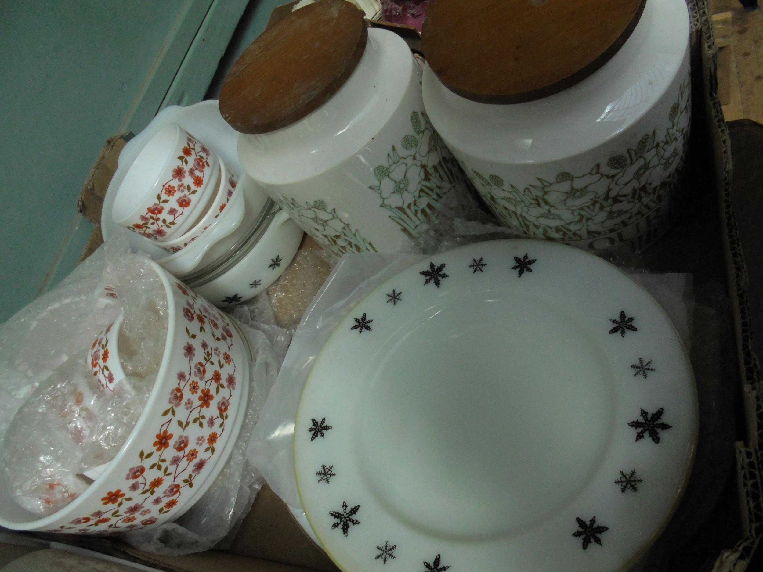 Selection of vintage pyrex style casserole dishes, lidded flower and biscuit jars,