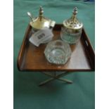 Unusual silver plated cruet set on butler tray on silver plated stand