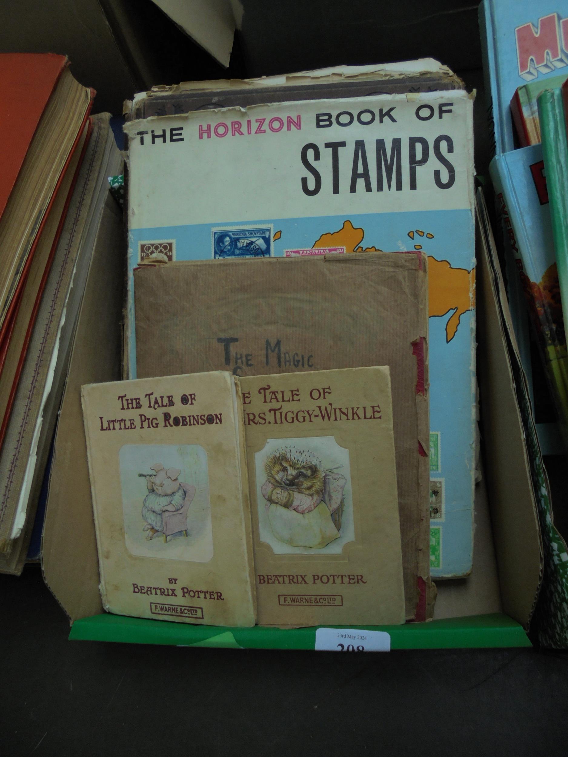 Early copy of Robinson Crusoe coloured picture book and additional book on stamps with stamp album