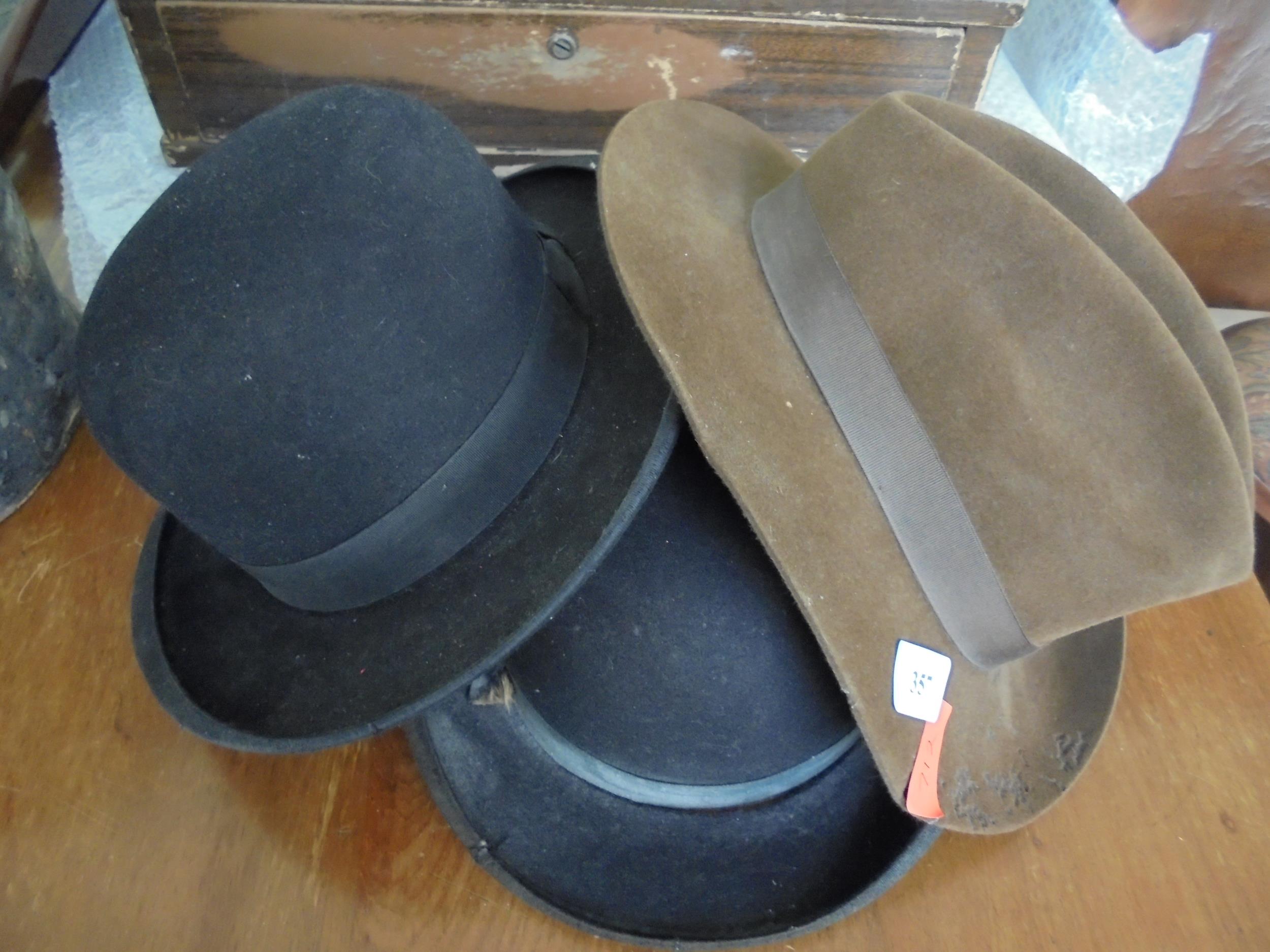 3 bowler hunting hats and trilby