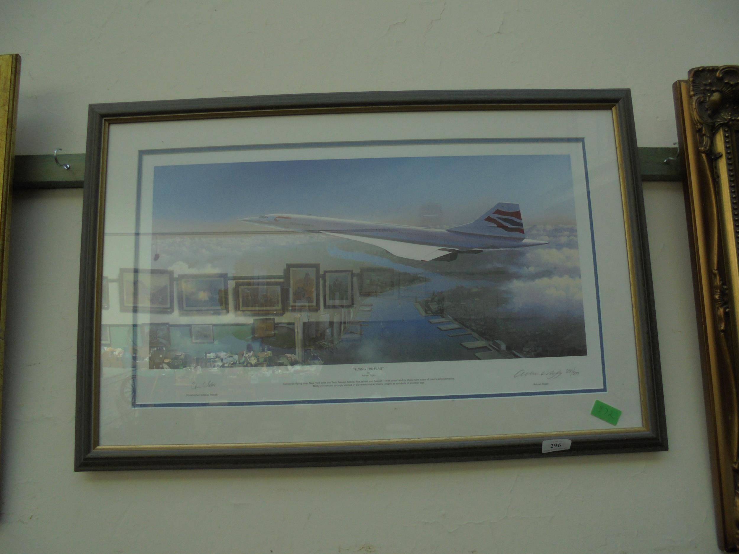 Framed and signed print of Concorde flying over New York,