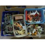 Box of Lego styled construction items for windmill and large collection of vintage plastic animals,