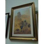 Large gold framed print of Arabs on Camel passing the Sphinx in Egypt