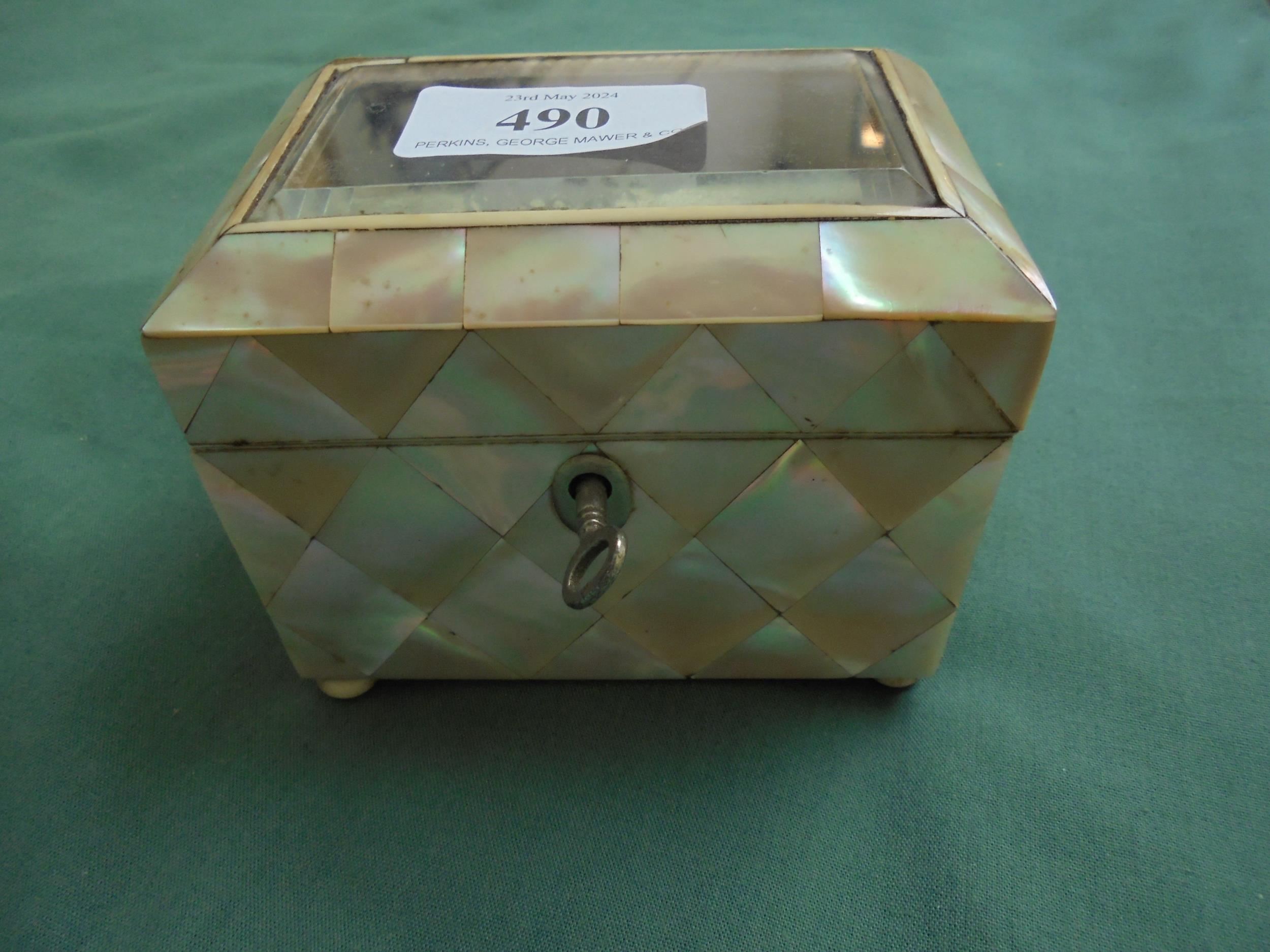 Mother of Pearl lidded box, glass topped with inner mother of pearl lid,