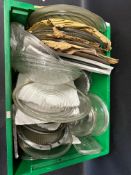 A box of pre-war new old stock glass lamp covers inc. Lucas King of the Road etc.