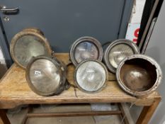 Six early car lamps (two acetylene).