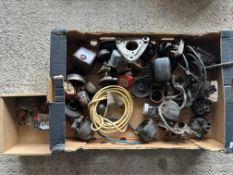 A tray of vintage car regulators, distributor parts, lightbulbs etc.
