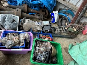 A large quantity of Austin Heavy 12/4 and other assorted spares inc. engine block, radios etc.
