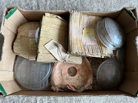 A box of assorted car lamp lenses/glasses, some in original packaging inc. Lucas etc.