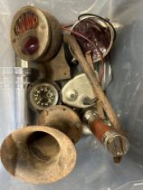 A box of assorted parts inc. American pre-war stop lamps.