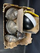 A box of assorted spotlights inc. Lucas, Cibie etc.