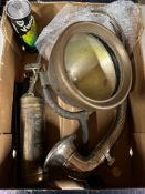 A tray of parts to include a large car headlamp, constrictor horn, pyrene extinguisher (dispay