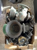 A box of assorted car parts including Edwardian lamps.
