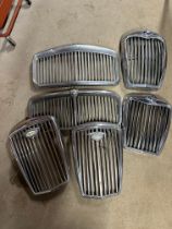 Six car radiator grilles to include Riley, Wolseley, Jaguar, Vanden Plas etc.