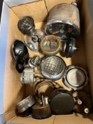 A box of assorted spares including a 60s rev.counter, Smiths oil pressure gauge (NOS), Alvis 12-50