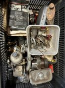 A box of assorted parts inc. SU carburettor, lamp lenses etc.