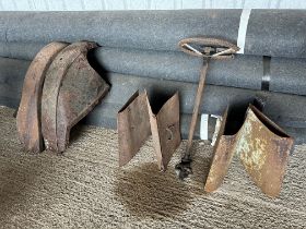 A steering column, wings and bonnet sides for vintage car, believed to be Austin 7.