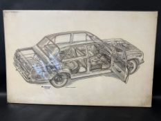 An original cutaway of a Vauxhall Cresta by John Marsden for Autocar, 24 x 15"