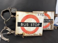 Two double sided Bus Stop signs by Burnham of London, one with Fare Stage attachment.