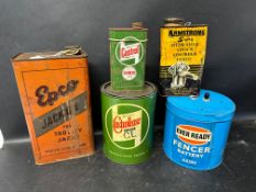 A Wakefield Castrolease 7lb grease tin, an Epco Jack Oil one gallon can and three others.