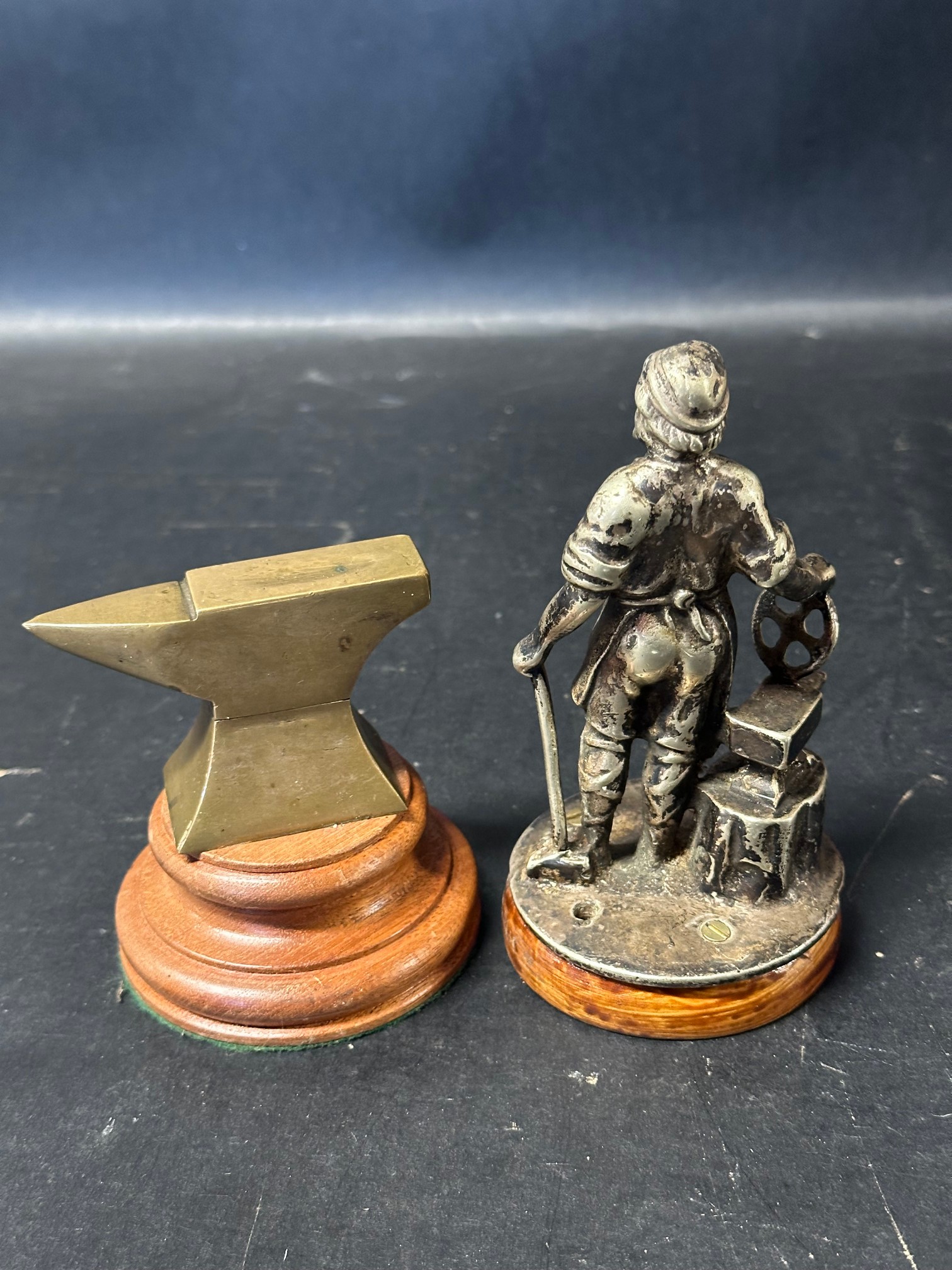 A brass macot in the form of an anvil and a Vulcan car accessory mascot in the form of a blacksmith, - Image 2 of 2