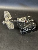 A dragonfly mascot on marble-like base, dragonfly 5 1/4" long, wingspan 6".