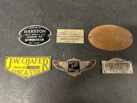 Six garage supplier plates, plaques, badges, emblems.