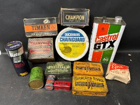 A mixed lot of packaging including a Castrol gallon can, Duckham's chain grease, Champion Spark