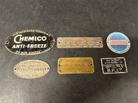 Four anti-freeze plaques and two petroleum plaques inc. Chemico, Shell-Mex, Esso, Pole Star etc.