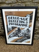 A framed and glazed racing poster advertising a motorcycle event at Wembley on 26th July 1947.
