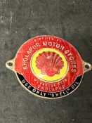An enamel supplier dashboard plaque, badge, emblem with early Shell logo to centre, for Sholapur