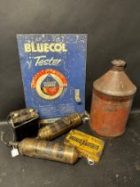 A Bluecol anti-freeze calculator tin chart, a Bifurcated Rivets tin, two pyrene extinguishers, an