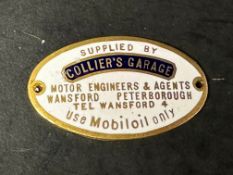 An enamel supplier dashboard plaque, badge, emblem for Mobiloil supplier Collier's Garage of