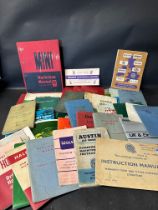 A box of car manuals, instruction books etc. inc. Austin, Wolseley, Hillman Minx, Mini, Morris Minor