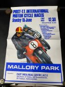 A poster for the Post T.T. International Motor Cycle Races at Mallory Park, listing drivers, 20 x