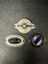 Three enamel dashboard supplier plaques, badges, emblems for Green & Whincup of Newbury, Denham