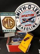 Two reproduction signs and a box of assorted motoring spares and accessories.