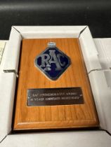 A boxed RAC 50 years commemorative award with accompanying letter.