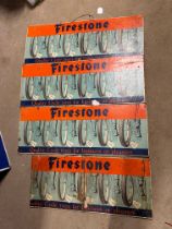 Three Firestone Tyres hanging showcards plus one further (trimmed).