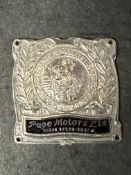 An part enameled St. Christopher supplier dashboard plaque, badge, emblem for Page Motors Ltd.