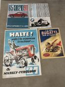 Four advertising posters: Massey-Ferguson 23 1/2 x 31 1/2", Bugatti, BMW and Porsche 911